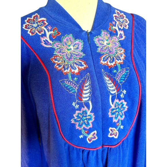 Vintage Vanity Fair Royal Blue Embroidered Zip Robe Lounge Dress Made in USA L/X - Picture 3 of 8